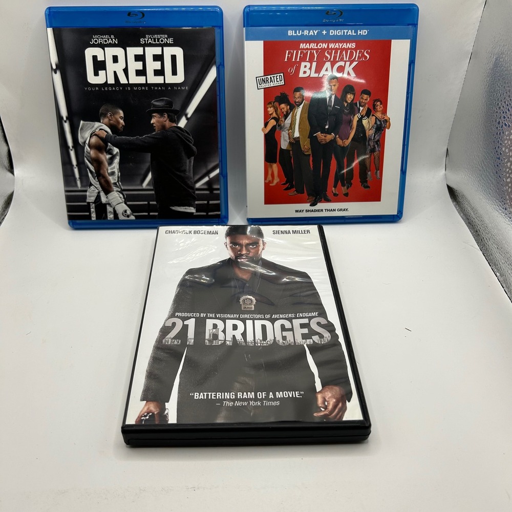 Creed Blu-ray DVD 21 Bridges DVD Fifty Shades of Black Blu-ray Movie Bundle